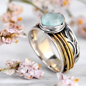 Silver Aquamarine Ring with Gold Accents
